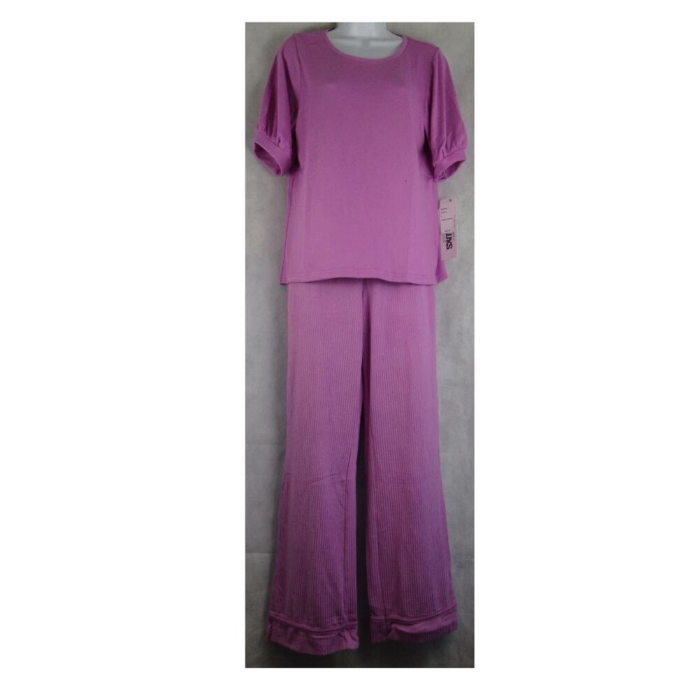 Muk Luks Women's 2-Piece Soft Knit Puff-Sleeve Lounge Pajama Set, Purple, Small